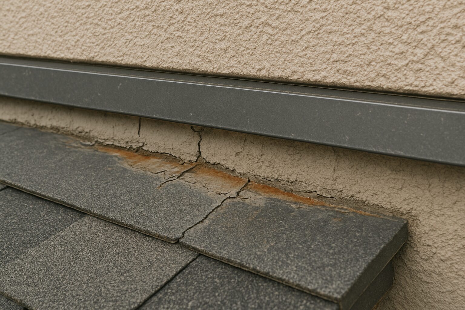 屋根と壁の接合部が劣化している様子